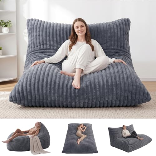 3 in 1 Bean Bag Chair with Memory Foam Filler, Beanbag Chairs for Adult with Washable Cover, Fluffy Oversize Bean Bag Chair Reading Lounger for Bedroom & Living Room (Dark Grey) - color: Dark Grey