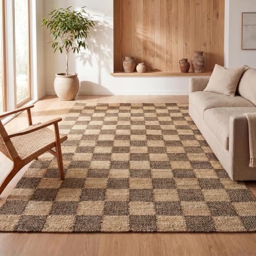 JONATHAN Y Theo Woven Jute Checkerboard Natural/Brown Indoor Area Rug, 5x8, Modern, Farmhouse, Rustic, Lodge, Easy-Cleaning for Living Room, Bedroom, Kitchen, Non-Shedding (NRF203A-5) - color: Natural/Brown, size: 5' x 8' (Rectangular)
