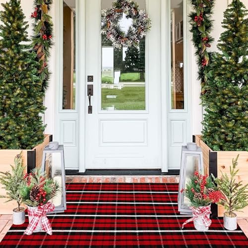Buffalo Plaid Outdoor Rug, 3' x 5' Christmas Red & Black Check Indoor/Outdoor Area Rug, Layering Rug for Hello/Welcome Door Mat, Machine Washable Cotton Woven Farmhouse Mat for Front Porch Décor - color: Christmas Plaid, size: 3' x 5' (Rectangular)