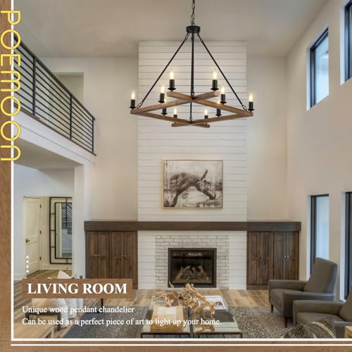 Rustic Oak Wooden Square Chandelier 10-Light L53'' Farmhouse Unique Rectangular Candle Chandelier Long Ceiling Pendant Lighting for High Ceiling Living Dining Room Foyer Kitchen Island, E12 - color: Golden Oak, size: 53 inches