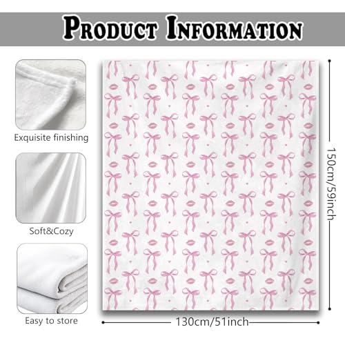 Coquette Pink Bow Throw Blanket for Couch, Preppy Room Dorm Decor, Aesthetic Pink Ribbon Bow Lips Throw Blanket for Girls Bedroom Living Room Home Decoration, 50x60 Inches - color: Color_8