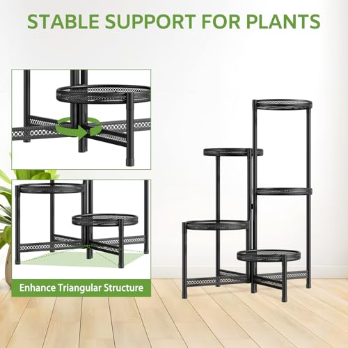 iDavosic.ly 5 Tier Large Plant Stand Indoor with 10-Inch Wide Drainage Tray, Tiered Corner Metal Outdoor Flower Display Holder Shelf, Folding Tall Rack for Patio Porch Balcony, Black Iron Carving - color: Black Openwork (with Drainage), size: 5 Tiers