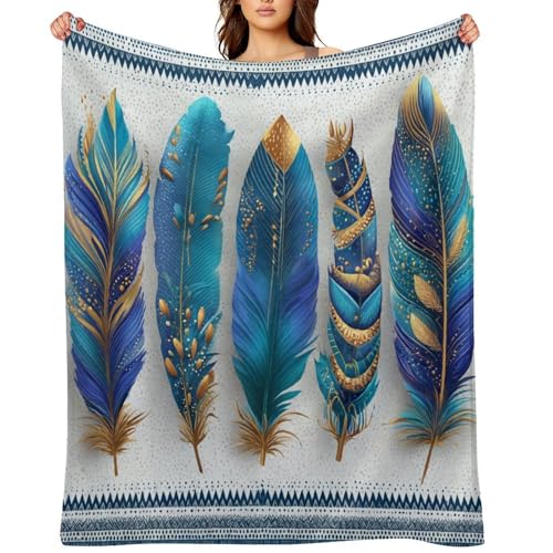 Blanket Boho Feather Gold Ornament Throw Blanket for Women Men, 30"x40" Blue Geometric Pattern Border Plush Flannel Throws, Decor for Bed Couch Bedroom - color: Boho Feather Gold Ornament, size: 30"x40"