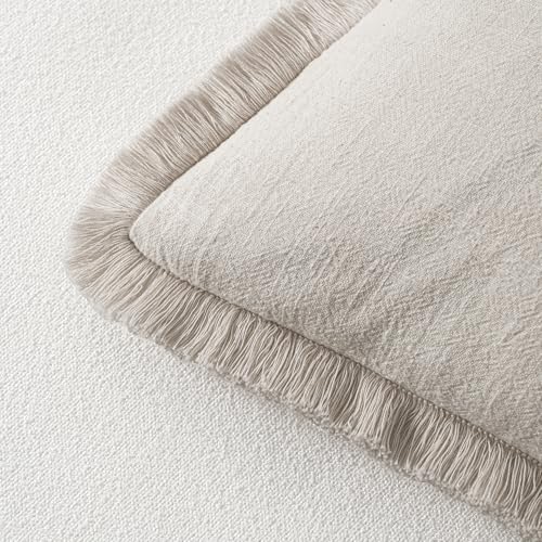 MIULEE Decorative Throw Pillow Covers Neutral Linen Fringe Throw Pillows Set of 2 Natural Beige Boho Farmhouse Cushion Covers with Tassels for Couch Sofa Bed Living Room Spring Decor 16x16 Inch - color: Natural Beige, size: 16" x 16" (Pack of 2)