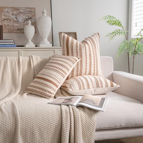 Cethom Brown Boho Lumbar Throw Pillow Covers 12x20 Inch Set of 2, Stripe Textured Decorative Couch Pillow Cases for Bed, Sofa, Living Room, Bedroom, Farmhouse Home Accent Cushion Covers - color: Brown, size: 20" x 12" (Pack of 2)