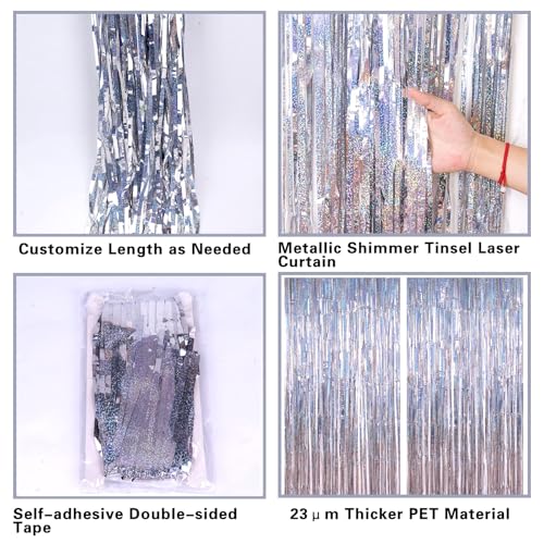 2 Pack 3.2ft x 8.2ft Silver Metallic Tinsel Foil Fringe Curtains, Door Streamer Photo Booth Backdrop for Birthday Graduation Engagement Bridal Shower Bachelorette Baby Shower Party Decorations - color: Silver