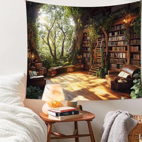 RichIdeas Window Tapestry Forest Window Tapestry Library Tapestries Tree Bookshelf Wall Blanket for for Bedroom Living Room Dorm Decor - color: Yellow-2, size: Customsize