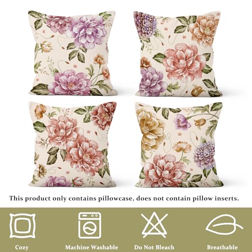 Pink Flower Throw Pillow Covers,Vintage Floral Decorative Velvet Pillow case,Rustic Flowers Pattern 4-Pack Double-Side Printed Pillowcases for Sofa Home Living Room, 16x16 in - color: Pink, size: 16" x 16" (Pack of 4)