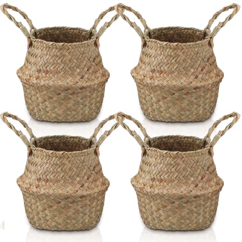 Qunclay 4 Pcs Woven Seagrass Baskets Belly Basket Folding Boho Natural Plant Pot with Handles Round Decorative Wicker Large Indoor Planter for Home Outdoor Tree Planters Decor (XXS,6.3''dx5.5''h) - size: XXS,6.3''Dx5.5''H