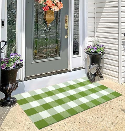 Buffalo Plaid Outdoor Rug 24''x51''Green and White Checkered Front Porch Rug Cotton Woven Washable Door Mat Outdoor for Layered Hello Welcome Door Mat Farmhouse Entryway - color: Green Buffalo, size: 24''x 51''