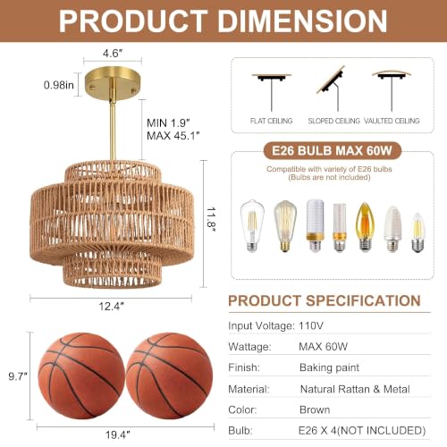 12.4" Rattan Pendant Light,1-Light Boho Chandelier Light Fixture Farmhouse Rattan Hanging Ceiling Lighting Fixture for Dining Room, Living Room, Kitchen Island, Bedroom, Hallway, Foyer - size: 12.4″ Brown