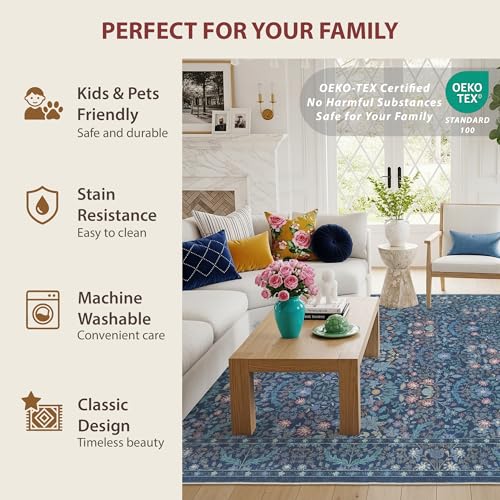 Blue Floral Living Room Rug 5x7 Area Rug - Vintage Forest Washable Rug for Dining Room, Bedroom, Ultra Soft Low Pile Non Slip Stain Resistance Distressed Boho Farmhouse Flower Carpet - color: Blue, size: 5' x 7' (Rectangular)