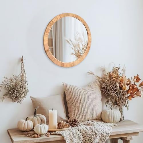 FUIN 25" Boho Chic Round Rattan Mirror - Handmade Wicker Frame - Perfect for Rustic Farmhouse Décor - color: Rattan, size: 25"L x 25"W