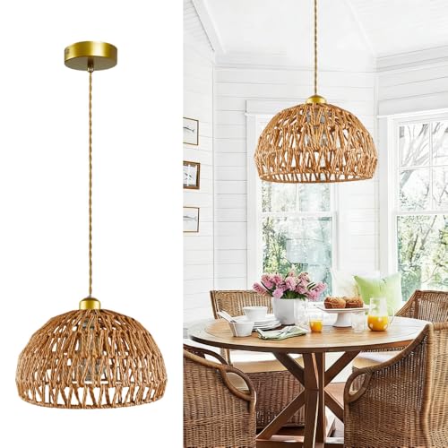 Bohemian-style woven pendant light, adjustable, Woven Hanging Lighting ,11.5"featuring a woven shade and E26 socket. Ideal for kitchen islands, farmhouses, bedrooms, and living rooms. (Bulb not ) - color: 11.5”hemispherical shaped