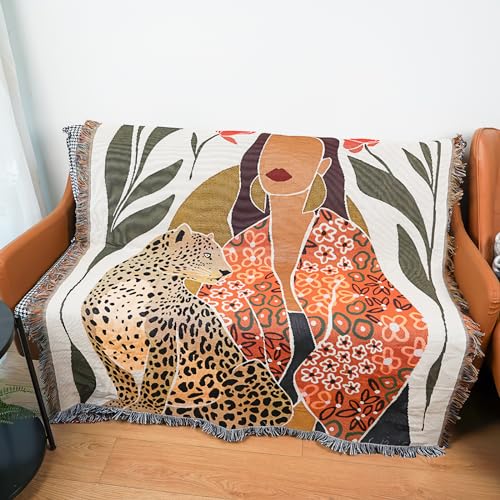 LumiSyne Double-Sided Cotton Woven Throw Blanket with Tassel Jungle Bohemian Style Tapestry Shawl Multi-Function Decorative Throws for Sofa Bed Armchair Camping Blanket Tablecloth Carpet 160x130cm - color: Beauty and the Beast