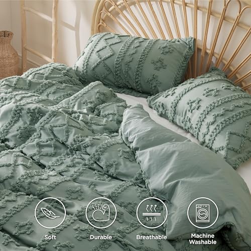 Bedsure Boho Duvet Cover King Size, Soft & Comfortable Elegant Design Boho Bedding for Decoration, Machine Washable Comforter Cover for All Seasons,Includes 1 Duvet Cover & 2 Pillow Shams,Sage Green - color: 11 - Sage Green - Elegant (No Comforter), size: