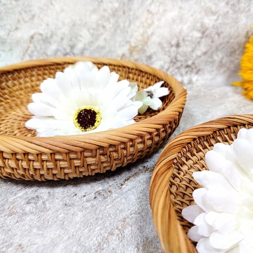 Set of 2 Round Rattan Fruit Bowls (8.7 Inch) – Handwoven Wicker Bread Baskets for Serving – Shallow Decorative Trays for Coffee Table, Entryway Keys & Catchall – Boho Kitchen Decor - size: 8.7"*2