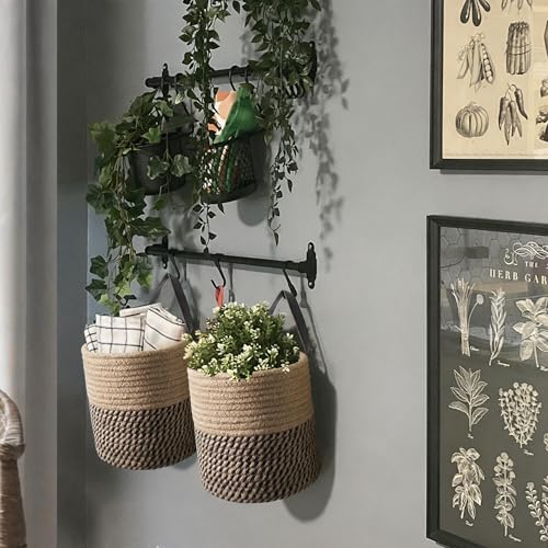 MEGASKET 2 Pack Wall Basket, Small Hanging Baskets for Organizing, Wicker Boho Wall Decor Set, Indoor Hanging Plant Holder Jute Rope Storage Basket, Rattan Woven Organizer for Decor, Black and Jute - color: Black and Jute