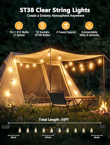 Abeja ST38 10Ft String Lights with 10 Clear Vintage Light Bulbs(1 Spare), E12 Scoket Base, UL Listed for Outdoor Indoor Party Porch Patio Decor, Black