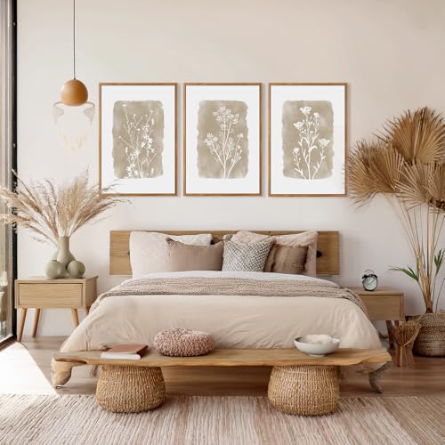 CHDITB Vintage Floral Framed Canvas Wall Art Set Of 3, Minimalist Wall Decor, Nature Inspired Wildflower Wall Painting, Neutral Botanical Flower Art Prints For Dining Room Bedroom Decor(12X16 Inch) - color: Floral wall art 2