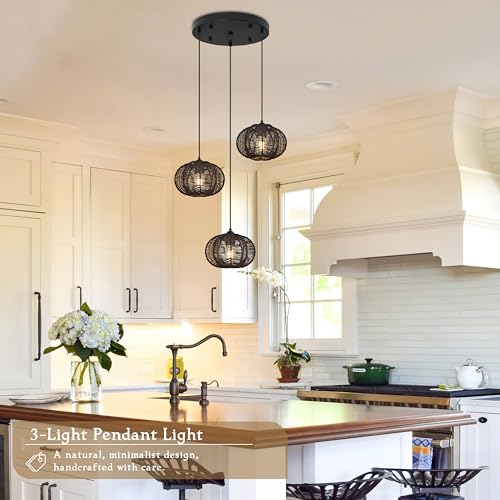 12" Boho Black 3-Light Boho Chandeliers for Kitchen Island Hand-Woven Boho Rattan Chandeliers Dimmable Adjustable Hanging Wicker Chandelier for Dining Room Living Room（Bulb Incl.） - color: 11.8" Black 3-Light