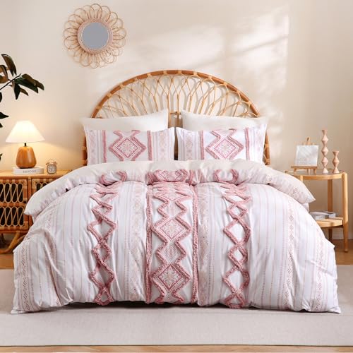 Herside 100% Cotton Boho Duvet Cover Set Queen Size,Shabby Chic Aztec Western Pink Tufted Bedding,Farmhouse Luxury 3 Piece Textured Quilt Duvet Set for All Season Home Decor - color: Pink, size: Queen(No Comforter)