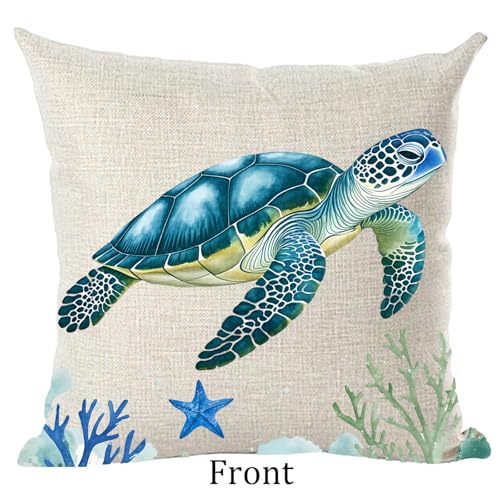 Ramirar Ink Oil Painting Watercolor Blue Green Sea Turtle Seaweed Grass Summer Decorative Throw Pillow Cover Case Home Living Room Bed Sofa Car Cotton Linen Square 18 x 18 Inches