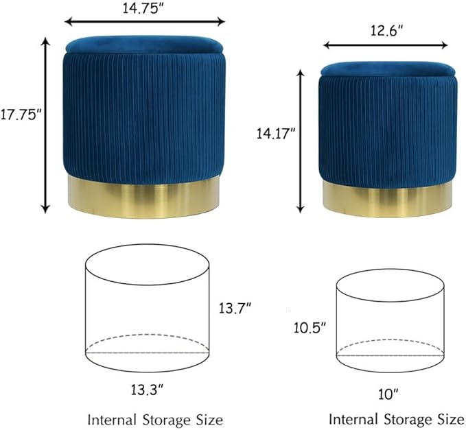 Velvet Round Ottoman Storage Set of 2 - Blue Velvet Stool for Living Room and Bedroom, Gold Ottoman with Storage, Accent Chair, Modern