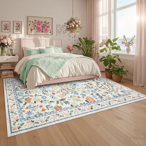 GarveeHome Washable Area Rug 9 x 12 for Living Room, Non-Slip Soft Vintage Rug, Low Pile Farmhouse Floral Carpet, Non-Shedding Indoor Foldable Printed Rugs for Bedroom, Green - color: Green, size: 9' x 12' (Rectangular)