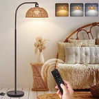 Brilvibera Boho Floor Lamp with Remote – Bronze Tall Lamp with Stepless Dimmable Bulb and Adjustable Rattan Shade for Living Room, Bedroom, Office - style: Bronze Rattan Standing Floor Lamp