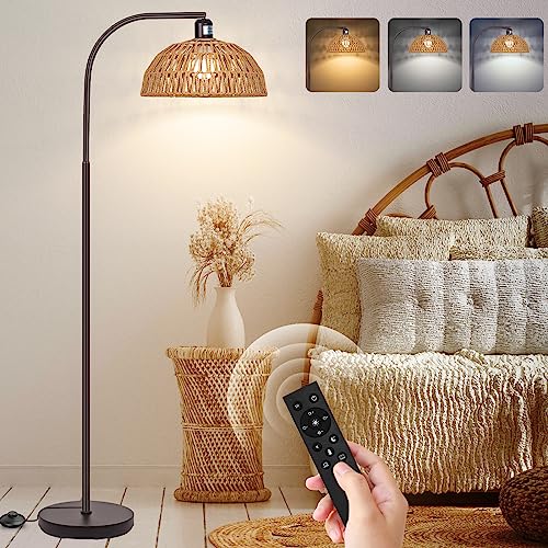 Brilvibera Boho Floor Lamp with Remote – Bronze Tall Lamp with Stepless Dimmable Bulb and Adjustable Rattan Shade for Living Room, Bedroom, Office - style: Bronze Rattan Standing Floor Lamp