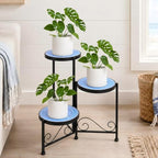 3 Tier Mosaic Ceramic Top Plant Stand, Foldable Wrought Iron Flower Pot Holder, No Assembly Required Space Saving Plant Shelf for Indoor Outdoor Patio Garden Balcony Decor