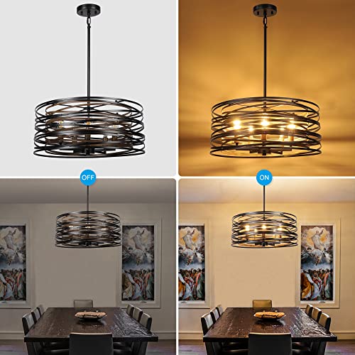 ACNKTZ 19.7'' Farmhouse Dining Room Light Fixture, 5-Light Metal Drum Chandelier, Black with Retro Wood Texture Interior - color: Black with Retro Wood Texture Interior, size: 19.7"/5-Light