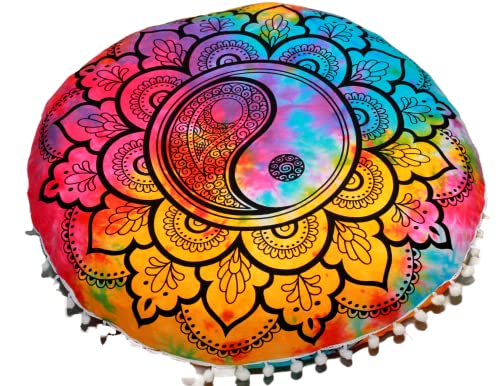 Round Mandala Floor Pillow Cover Seating Cushion Throw Cover Ottoman Pouf Cover Pom Pom Pillow Cases Hippie Decorative Bohemian Boho Indian 22 Inches (Multi Color) - color: Multi Color