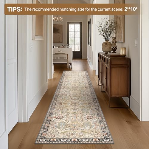 Bavni Bedroom Rug Runners for Hallways, Washable Runner Rug 2x7, Low Pile Non-Slip Indoor Throw Carpet for Bedroom Laundry Room, Ivory/Teal - color: Ivory/Teal, size: 2' x 7' (Rectangular)