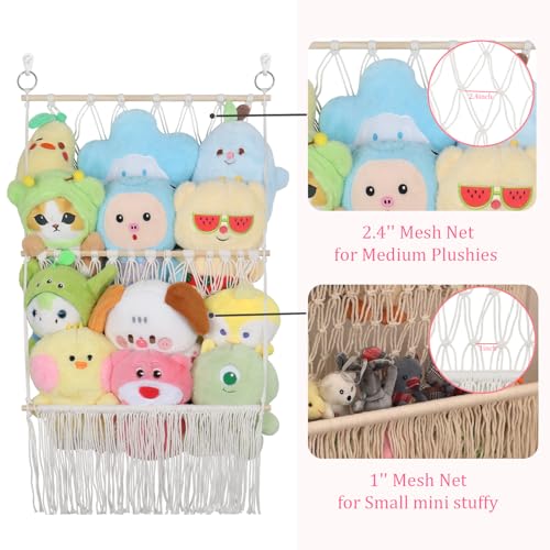 2 Tier Stuffed Animal Storage Shelf Net, 17x32Inch Large Stuffed Animal Organizer Holder Display for Mini Medium Stuffy,Beige Boho Macrame Wall Stuffy Storage Plushies Storage for Nursery Decor - color: Beige, size: Large-2 Tier-17x32 Inch