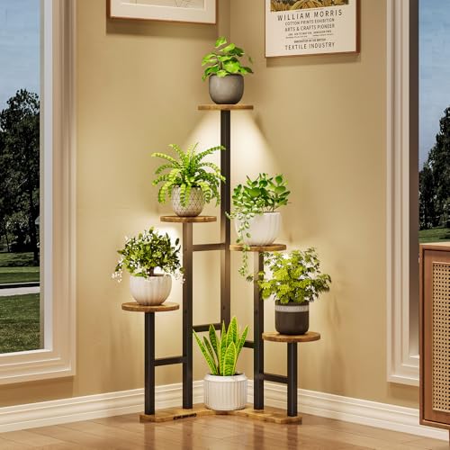 Yzosvki Corner Plant Stand Indoor with Grow Lights, 6 Tiered Corner Plant Shelf Flower Stand for Multiple Plants, Plant Shelves Organizer Rack for Living Room, Balcony, Patio, Round Rustic Brown - color: Round-Rustic Brown(with Lights), size: 6 Tier