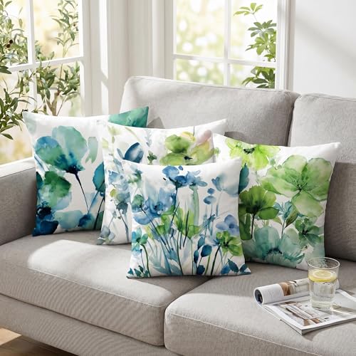 COMMINY Blue Green Flower Pillow Covers 18x18 Inch Set of 6, Spring Summer Pillow Covers, Hydrangea Floral Throw Pillow Case for Couch Sofa Bed Decor, Indoor Decorative Cushion Cover - color: Blue Green Hydrangea Flower, size: 18" x 18" (Pack of 6)