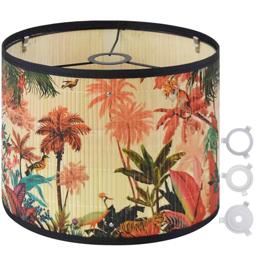 Bamboo Lamp Shade With Tropical Plants Chandelier Covers, Bohemian Farmhouse Drum Lamp Shade for Table Lamp Floor Lamp, Rustic Rattan Light Fixture for Bedroom Living Room (13x13x10 inch) - color: color3, size: 13*10