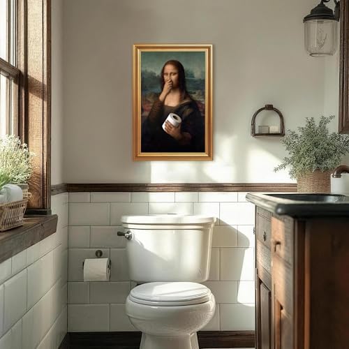 ICHZUMW Gold Framed Funny Mona Lisa Toilet Paper Canvas Wall Art, Quirky Humorous Parody Painting Wall Decor, Ready to Hang for Bathroom Restroom Powder Room, 16x24in - color: Funny Mona Lisa, size: 24"L x 16"W