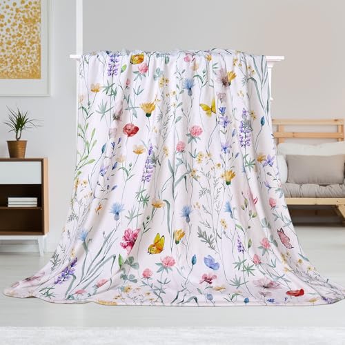 Spring Floral Throw Blanket Watercolor Wildflower Blankets Flower Butterfly Bed Blanket Botanical Plant Leaf Flannel Fleece Throw Blanket for Couch “50x60” - color: Butterfly, size: 50" X 60"