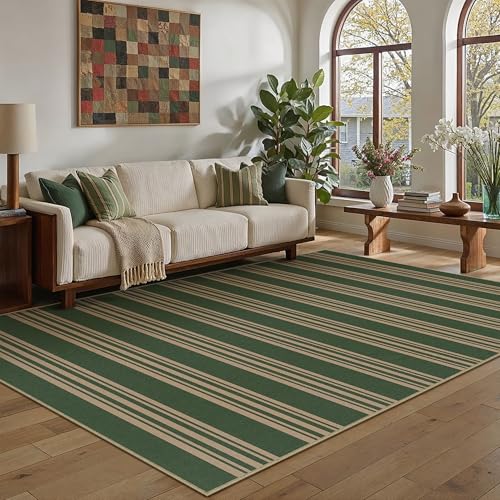 PureCozy Striped Easy Jute Rug 5x7 Green Living Room Carpet Washable Non Slip Bedroom Office Rug Farmhouse Neutral Non Shedding Indoor Outdoor Large Carpet for Kitchen Dining Room - color: Green/Striped, size: 5' x 7' (Rectangular)