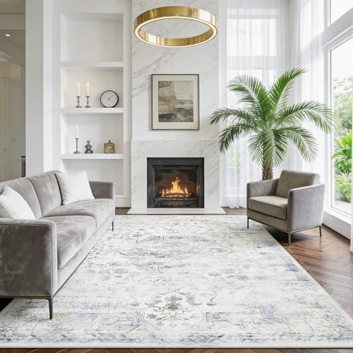 8'x10' Rugs for Living Room Bedroom, Washable Area Rugs, Pet & Kid Friendly Low Pile Carpet, Non-Shedding Non-Slip TPE Backing, Vintage Distressed Print Floor Mat for Bedroom Dining Room, Blue - color: Blue, size: 8x10