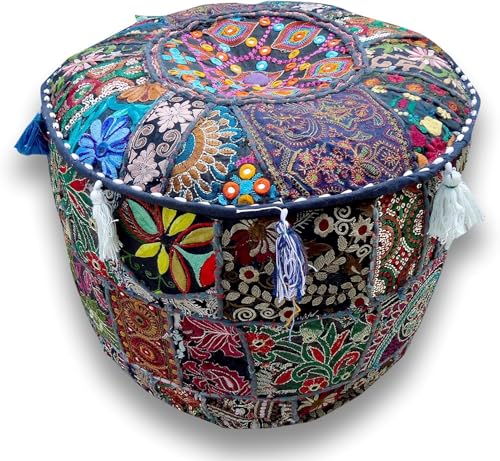 Indian Pouf Footstool Ethnic Embroidered Pouf Cover, India Cotton Round Pouffe Ottoman Pouf Cover Pillow Ethnic Decor Art-Cover Only-Indian Ottoman poufs - color: Dark Blue, size: 22"D x 22"W x 14"H