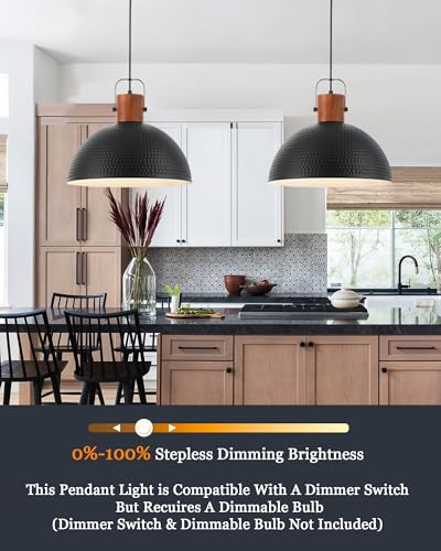 ELYONA 16 Inch Ash Wood Hammered Pendant Light Fixtures, Large Metal Dome Ceiling Hanging Lamp, Industrial Chandelier for Kitchen Island, Bar, Farmhouse, Dining Table, Hallway, Modern Black - color: Black - 1 Pack