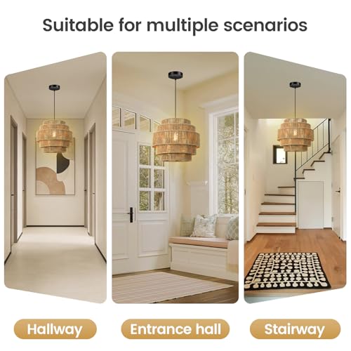 5-Tier Rattan Chandelier Light, 13”Hand Woven Hemp Rope Boho Pendant Light, Large Farmhouse Hanging Lamp for Kitchen Island,Dining Room, Bedroom, Entryway, Foyer, Coastal Decor,Adjustable Cord,Brown - color: Brown-1