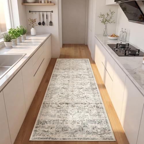 GarveeHome Washable Rug Runner 2x6 Vintage Runners for Hallways Non Slip Low Pile Long Rugs Stain Resistant Kitchen Rug Floral Soft Kitchen Rugs Carpet for Laundry Entryway Bedroom Beige - color: Beige, size: 2' x 6' (Rectangular)