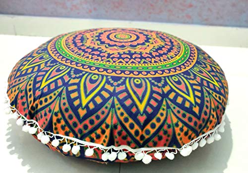 ICC New Blue Ombre 24" Mandala Barmeri Large Floor Pillow Cover Cushion Meditation Seating Ottoman Throw Cover Hippie Decorative Zipped Bohemian Pouf Ottoman Pom Pom Cases 24" Round - color: Blue Yellow, style: 24 Inch Round