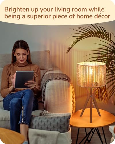 EDISHINE 17.5" Rattan Table Lamp, Wood Bedside Lamp with Handmade Paper Rope Woven Lampshade, Nightstand Lamp for Living Room, Bedroom, E26 Base, ON-Off Switch - color: Vertical Stripes