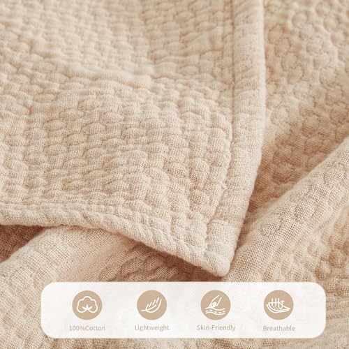Premium 100% Cotton Blanket – All-Season Soft Breathable Bed Blanket for Throw Size – Lightweight Stylish Textured Throw for Bed– Giftable Cozy Bedding - color: Beige, size: Throw (50"x60")